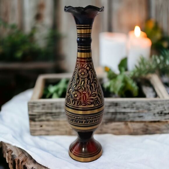 Brass Etched Gold Vase Brown Red Fluted Goth Witchy Kapasi Vintage Christmas - Picture 15 of 16